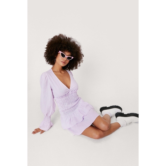 NASTY GAL Gingham Print Tiered Smocked Ruffle Hem Mini Dress in Lavender Size 2 - Picture 2 of 13